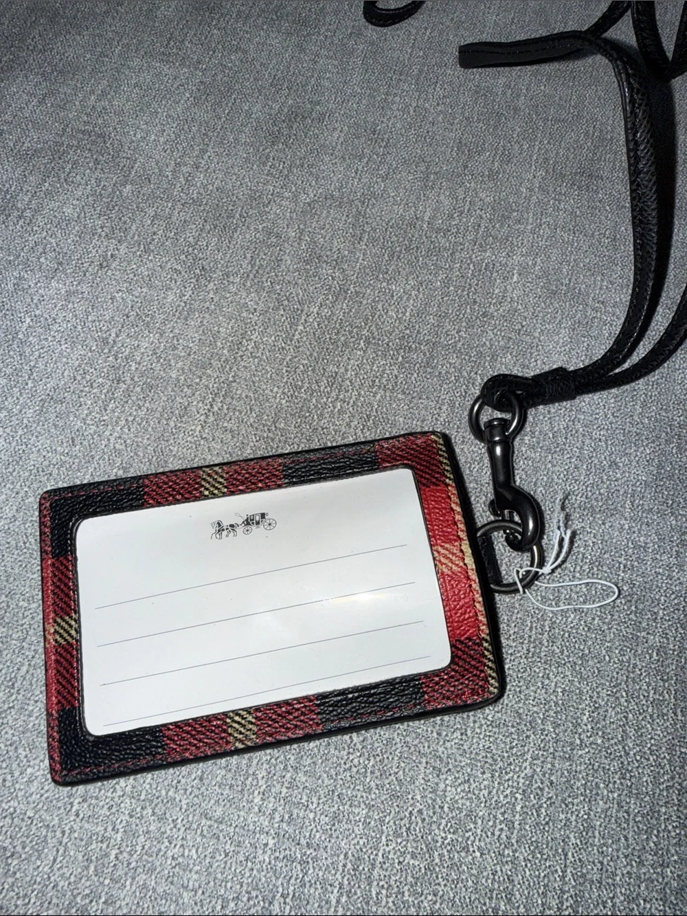 Coach Red Plaid Leather Lanyard Card Holder with Black Strap